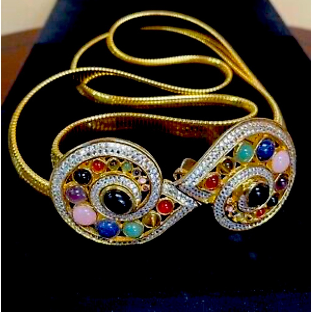 Judith Leiber Gold Snake Buckle Belt Onyx Rhinestone Jewels 28-29.5"